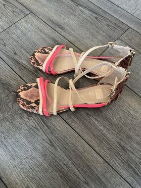 Louise et Cie Snake-Print Strappy Sandals with Neon Pink Trim